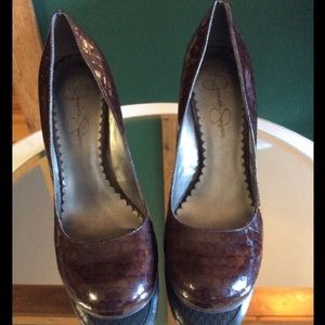Jessica Simpson Brown Patent Lizard Pumps